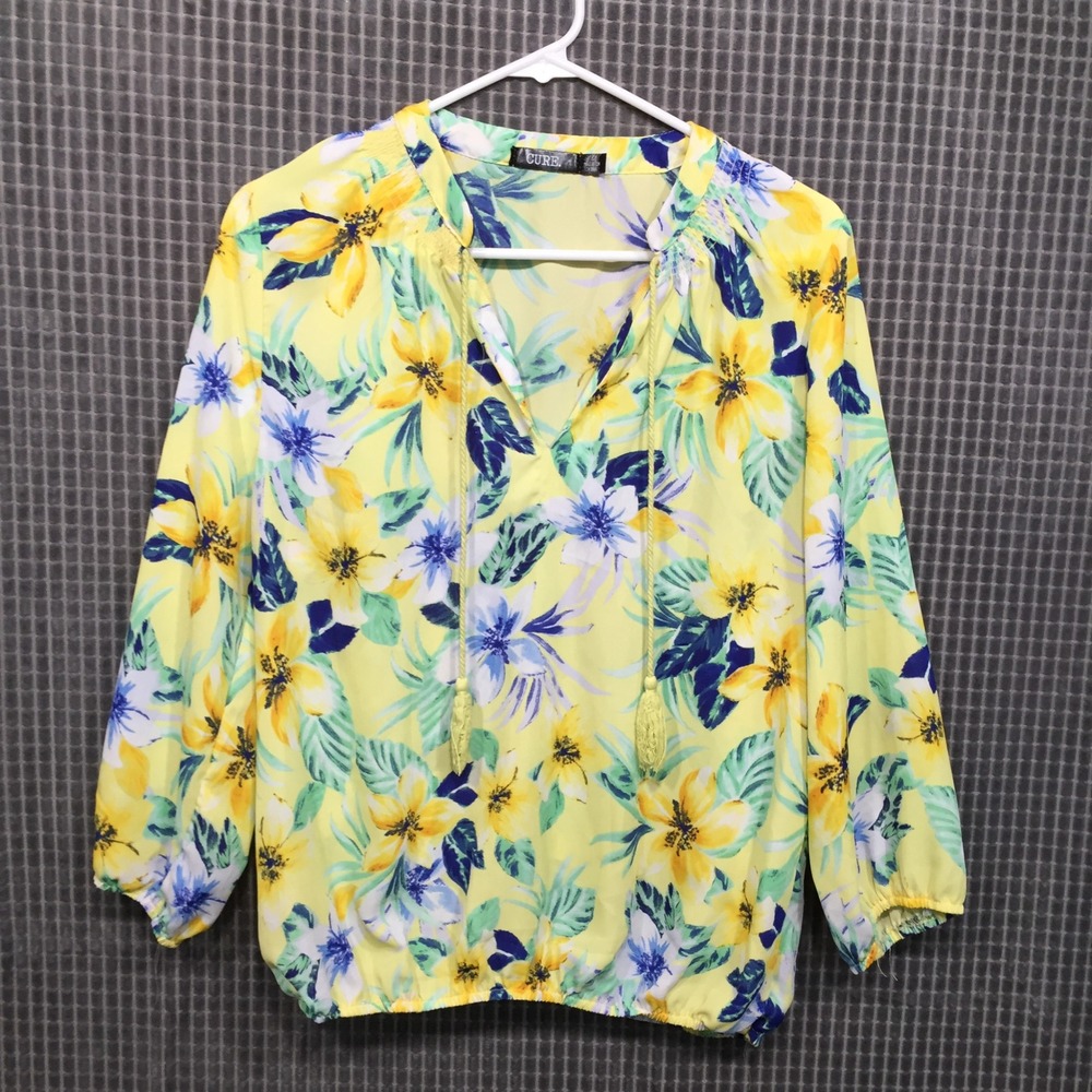 CURE. Womens‎ Blouse Floral Tassel Tie Elastic Hem Large Yellow
